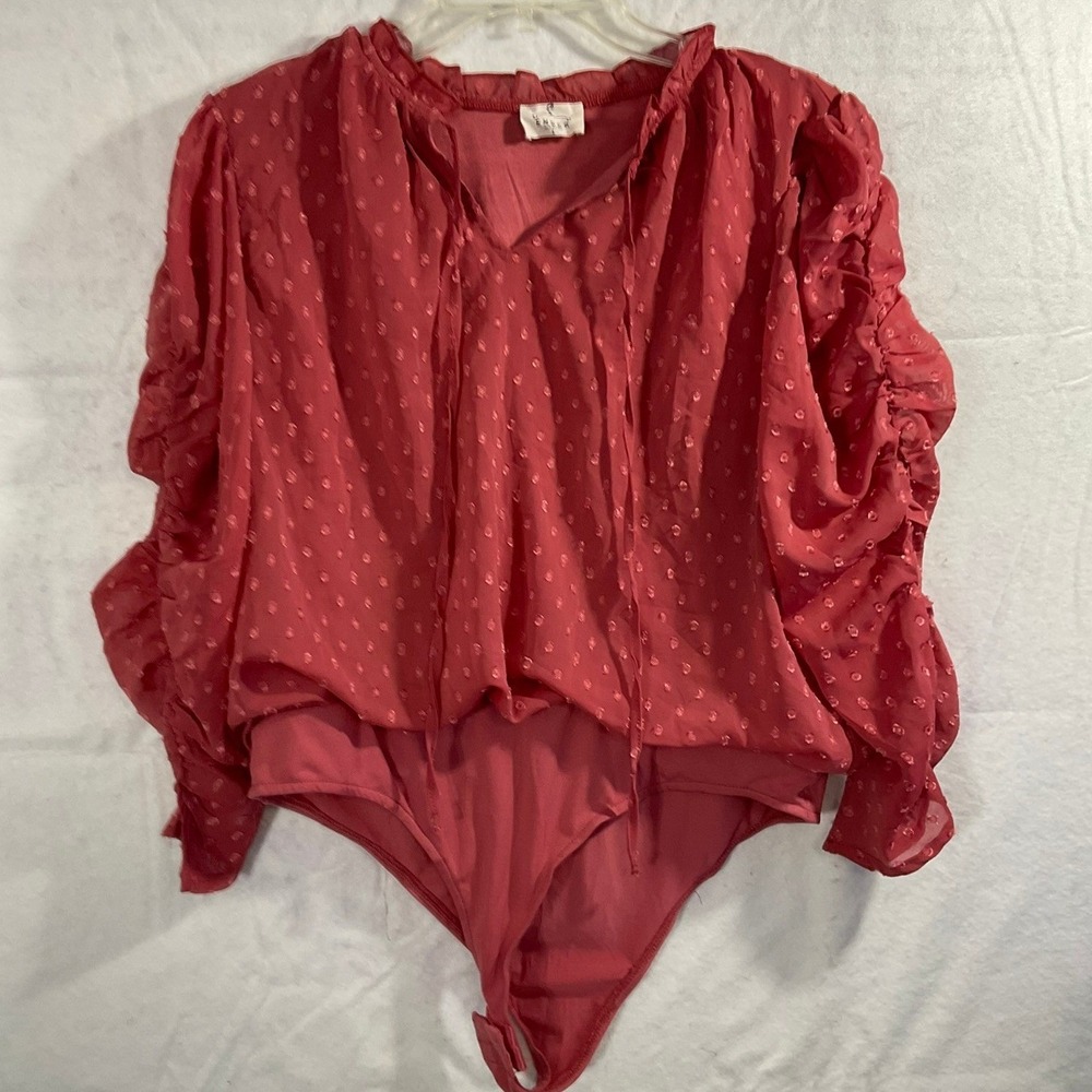 Ember Bodysuit Womens L Pink Swiss Dot Ruched Long Sleeve V-Neck Ruffle Blouse